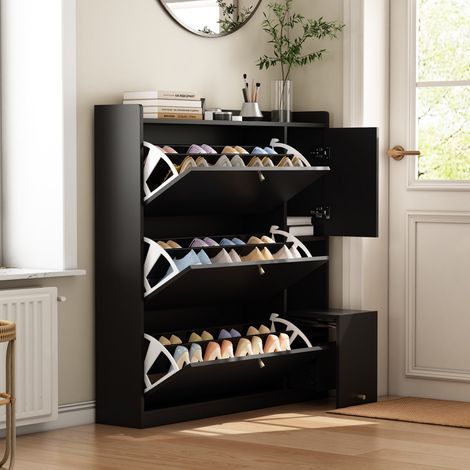 Armoire à chaussures inclinable 3 tiroirs rabattables meuble rangement entrée autoportant banc pratique noir 119x24x122cm