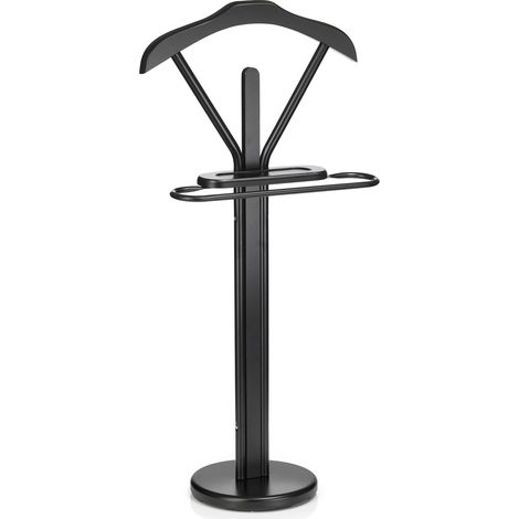 Idimex – Valet de chambre en métal et bois laqué noir – Cintre pour veste et chemise – Support pour pantalon – Tablette vide-poche pratique