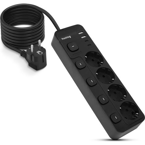 Multiprise avec Interrupteur, multiprise 4 Prises avec Protection Contre Les surtensions, 2 USB-A et 2 USB-C, 3680 W, câble de 1,5 m, sécurité Enfant, Noir (1/5)