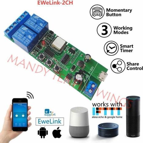 Module de relais de commutateur intelligent sans fil WiFi 2 canaux pour eWelink APP Smart Home,compatible de Alexa Goolge Assistant (1/5)