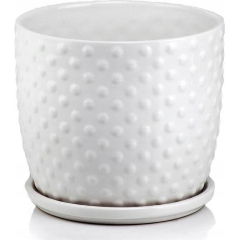 Keramikblumentopf mit Untertasse, runder Deckel, geprägt, weiß, 13 cm (1/2)