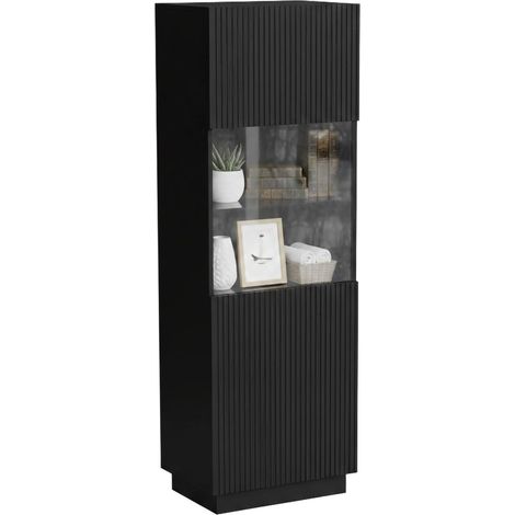 Vetrina Vado, Vetrinetta da soggiorno con anta e dettaglio in vetro, Finitura con effetto cannettato, 60x40 h178 cm, Nero