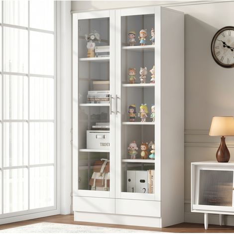 Vetrina con 2 cassetti, soluzione versatile per riporre oggetti in soggiorno o in ufficio, 80x40x160 cm, in MDF e vetro bianco (1/5)