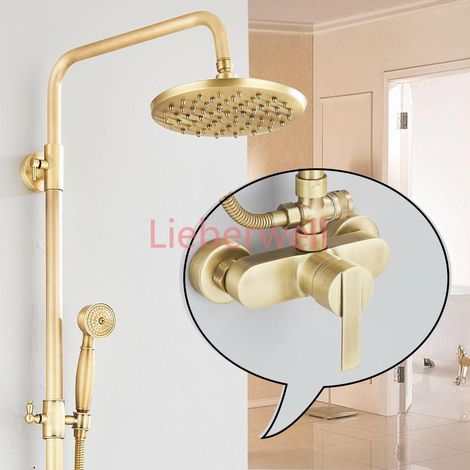 Ensemble de robinets de salle de bain et douche en laiton Antique, 8 pouces, support mural à double poignée, étagère de douche à main, systèmes chauds et froids, mélangeur système de douche de pluie (1/5)
