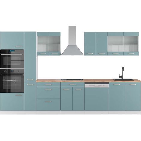 Küchenzeile R-Line, Blau-Grau/Weiß, 350 cm mit Hochschrank, AP Eiche, Vicco
