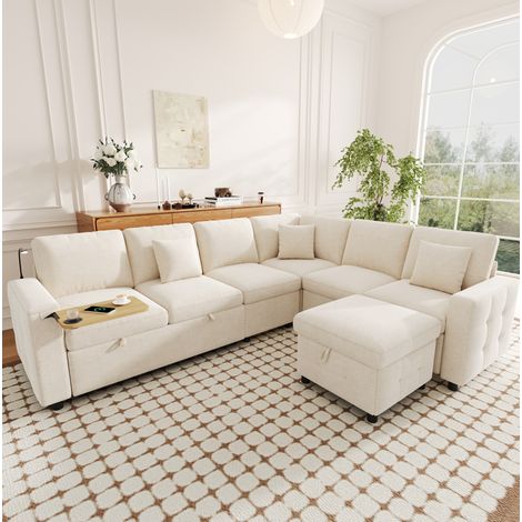 Ecksofa 261x203x88 cm Beige Chenille mit Schlaffunktion, Stauraum, USB/Type-C, LED-Leselampe und Hocker (1/5)