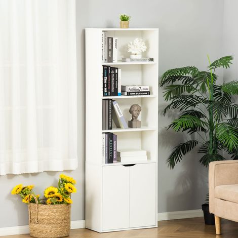 Estantería Librería Armario de Libros con 4 Compartimentos Abiertos y 2 Puertas para Salón Oficina 59x29x180 cm Blanco (1/5)