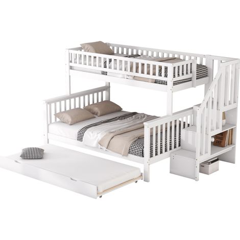 Lit superposé 90 x 200 cm et 140 x 200 cm avec lit gigogne, sommier à lattes, escalier de rangement, coffres intégrés et structure en bois de pin, blanc CHICFURN (1/5)