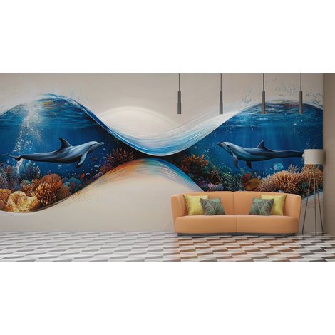 Papier peint animaux - dauphins bleues et coraux - 150 x 250 cm (1/2)