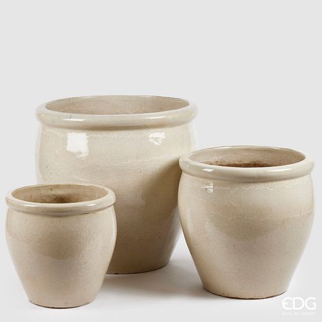 EDG Enzo De Gasperi Set 3 Pz Vaso Glaze Bombato H 65 Cm H 50 Cm H 40 Cm Ivory Waterproof
