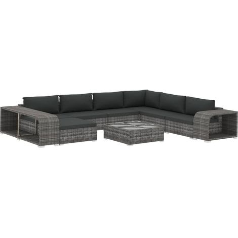 10-tlg. Garten-Lounge-Set mit Auflagen Poly Rattan Grau vidaXL