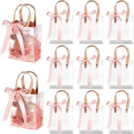 Sacs cadeaux - Avec ruban rose - 24 pièces - 15 x 13 x 7 cm - Sacs cadeaux transparents avec poignées - Sacs rectangulaires mats (1/5)