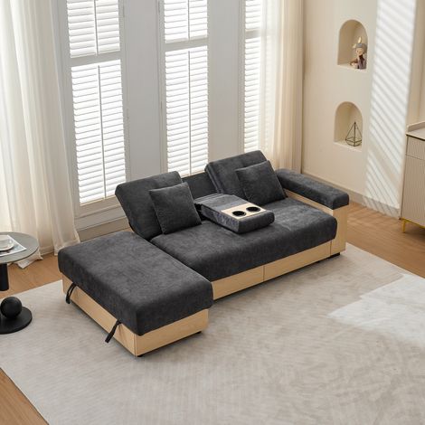 Divano angolare in ciniglia grigio 217 cm con contenitori, schienale a 3 posizioni, struttura MDF (1/5)