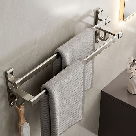 Porte-serviettes de salle de bain sans trous porte-serviettes double bras salle de bain double espace porte-serviettes de salle de bain en aluminium porte-serviettes auto-adhésif gris métallisé double