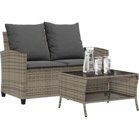 Gartensofa 2-Sitzer mit Kissen & Tisch Grau Poly Rattan