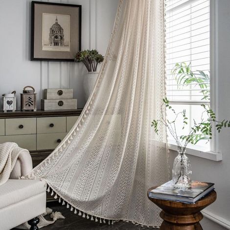 Rideau rustique en coton au crochet – Rideau chic . avec passe-tringle – Rideaux en dentelle macramé pour cuisine, salle à manger, salon, 150 x 221 cm (l x L) (1/5)