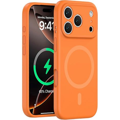 [KK] Coque pour iPhone 17 Pro Max compatible MagSafe, ajustement précis, en polycarbonate et silicone liquide, orange fluo. (1/5)