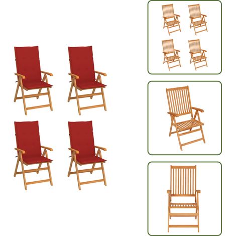 Chaises de jardin lot de 4 avec coussins rouge Bois teck massif - Chaise De Jardin - Fauteuil De Jardin - Mobilier De Jardin - Terrasse - Extérieur (1/5)