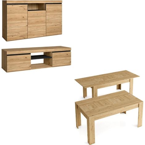 Skraut Home - Set Naturale Sala da pranzo, mobili per sala da pranzo, Credenza-mobile tv 140cm-tavolo allungabile rovere/nero (1/4)