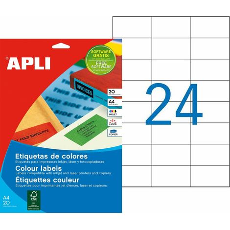 PACK 20 HOJAS (480UD.)ETIQUETAS AZULES PERMANENTES 70,0 X 37,0 MM APLI 1592 (1/2)
