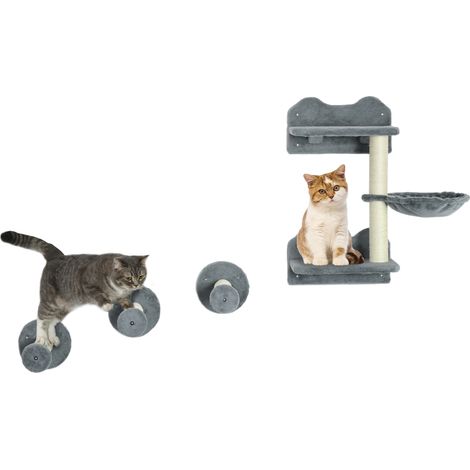 PawHut 4PCs Cat Shelf Cat Wall Furniture Wall-Mounted Cat Tree Scratching Post Grey (1/5)
