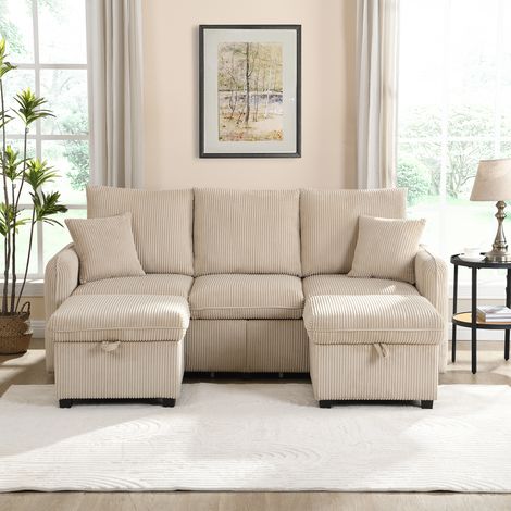 Canapé d’angle multifonction U 3 places avec tiroirs et tabouret de rangement,modulaire démontable avec fonction couchage. Tissu velours côtelé. (1/5)