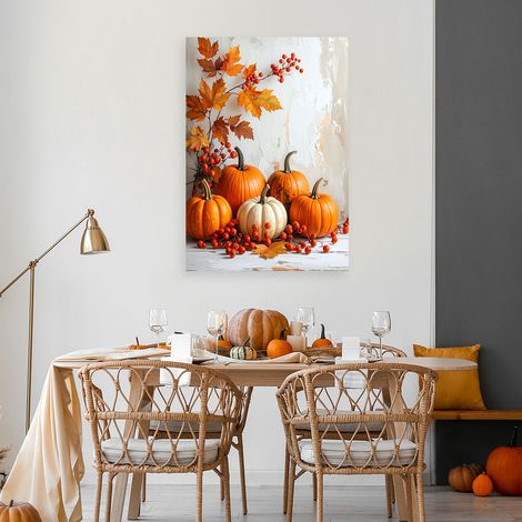 Wandbild Herbstkomposition mit Kürbissen Dekoration in warmen Farben mit Blättern und Ebereschenbeeren 40x60 (1/4)