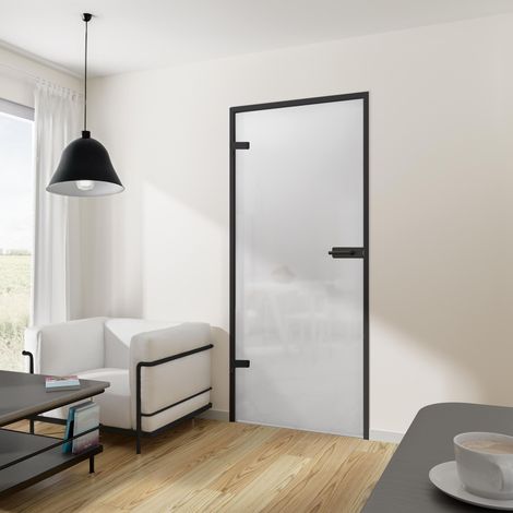 Tür Drehtür Glastür 834 x 1972 DIN links DIN rechts mit Beschlag ESG satiniert Wohnungstür - Tür + Beschlag DB30, schwarz