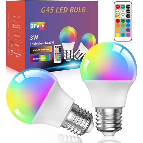 3W Ampoule Couleur LED,G45 E27 Ampoules LED Edison Multicolores à Intensité Variable Avec Télécommande, RGB+Blanc Chaud, Idéales Pour L'éclairage Quotidien Et D'ambiance(Lot de 2) (1/5)