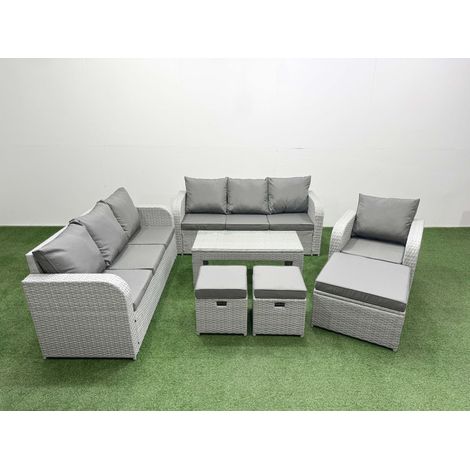 Fimous 10 Seater Poly Rattan Outdoor Garden Furniture Oblong Coffee Table Sofa Set Patio 3 Seater Sofa Reclining Chair 3 Seater Sofa 3 Stools Light Grey (1/4)