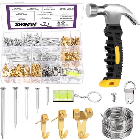 Kit de suspension de 488 pièces, outil de suspension de cadre photo, y compris marteau griffe, crochets de suspension dorés, anneau en D, clous pour accrocher des photos, vis autotaraudeuse (1/5)
