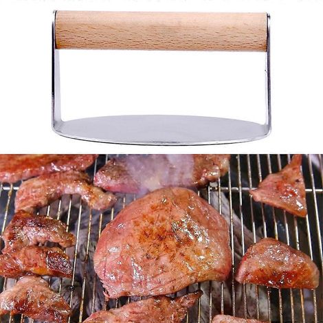 Presse à hamburgers en acier inoxydable, presse à grillades robuste avec manche en bois, presse à bacon (1/4)
