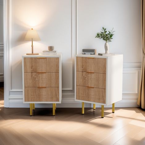 Lot De 2 Table de Chevet, 3 tiroirs, panneau à grain de bois , armoire blanche, pieds et poignées en métal, 40x40x65cm, couleur bois naturel - bohème (1/5)