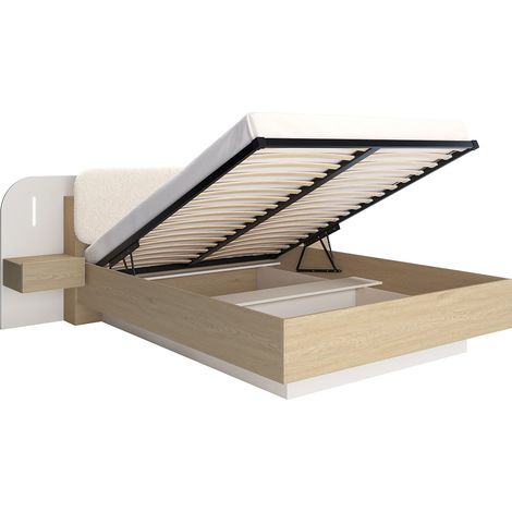 Letto contenitore con comodini 160 x 200 cm - Con LED - Colore: Beige e naturale - LYORIMA