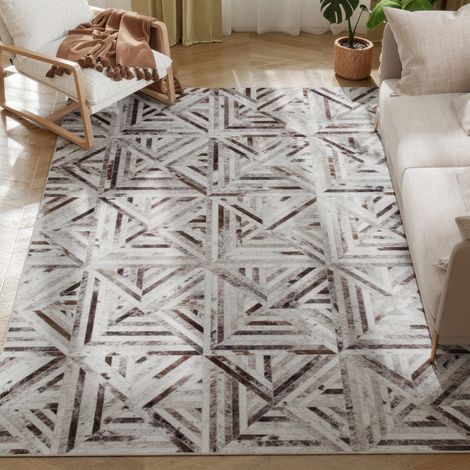 Modern Triangle Area Rug, Non-Slip Washable Chenille Carpet for Living Room, Bedroom, Dining Room, Home Office, 230x160 cm Brown (1/5)