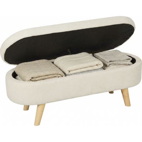 Banc banquette bout de lit - HOMCOM - coffre de rangement 2 en 1 en tissu avec pieds en bois - laine d'agneau - 110x40x43cm - crème (1/5)