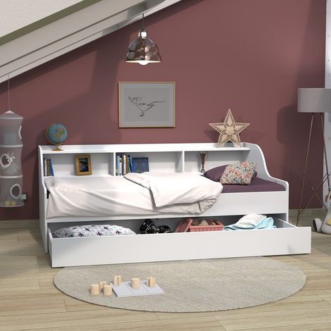 Bett PALMA 90x190 + Regal + 1 Bettschublade / Weiß/ 198x116x75 (1/4)