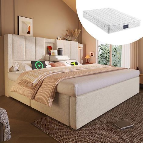 Lit Coffre 160x200cm avec Porte-Gobelet Caché et USB-C - Lit 2 Places - Rangement Hydraulique, Matelas Inclus, Sommier à Lattes (1/5)