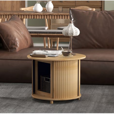 Table basse ronde 60x45 cm bois naturel en bambou avec rangement dissimulé et porte coulissante (1/5)