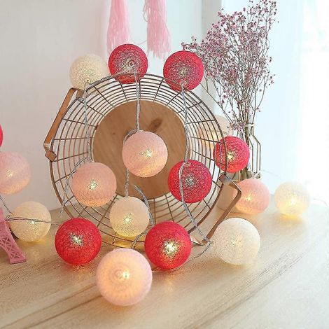 Guirlande lumineuse de boules de coton, décoration de Noël intérieure, 3 m, guirlande lumineuse à boules, décoration de chambre de mariage, USB, 6 cm, rose/rouge (1/4)