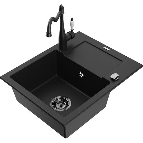 Mexen Enzo 1 Becken-Granitspüle mit Abtropffläche und Mischbatterie Carla, Schwarz - 6506-77-670700- (1/5)