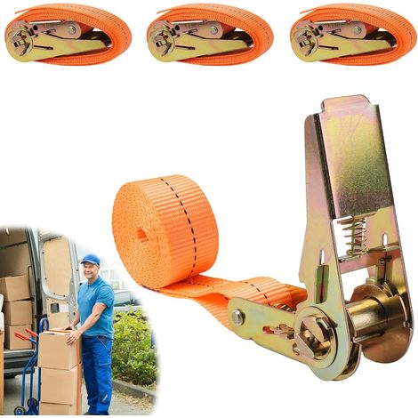 Lot de 4 Orange Sangle a Cliquet, 2M x 25mm Sangles d'arrimage à Cliquets Sangle à Cliquet,Sangles d'arrimage avec Boucle Réglable pour Moto,Paquets de Bagages,Charge Maximale 1000 kg (1/5)