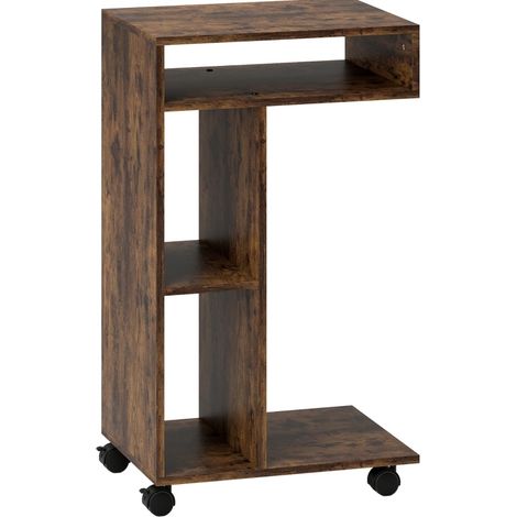 Table d'appoint C mobile à 4 roues, 3 compartiments et plateau pratique, 40 x 30 x 69 cm, effet bois foncé rustique, CHICFURN (1/5)