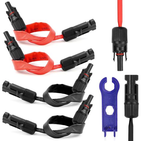 Lot de 4 rallonges solaires - 6 mm² - Avec fiche et raccord - 35 cm - Câble solaire plat - Passe-fenêtre - Câble PV - Pour panneaux solaires (1/5)