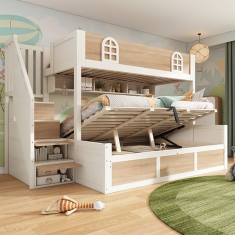 Litera 90/140x200 cm con escalera con almacenaje, blanco y natural (1/5)