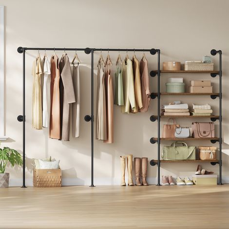 WOLTU Kleiderstange mit 5 Ablagen, Garderobenstange Wand, Wandmontage Kleiderständer, offener Kleiderschrank, aus industriellen Metall Wasserrohren, Schwarz + Vintagebraun