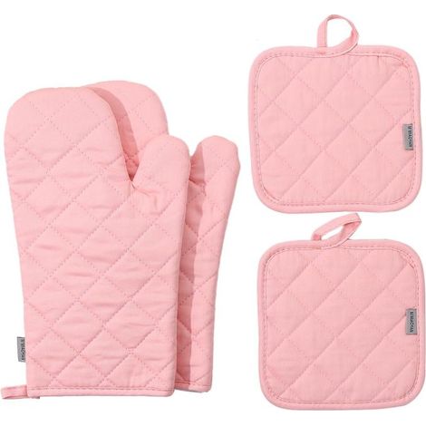 Gants de cuisine et maniques, ensemble de 4 pièces, résistants aux hautes températures (500 degrés), gants de cuisine longs en coton extra épais pour la cuisson (30 cm, rose)… (1/5)