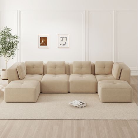 Sofá modular de pana beige, sofá de esquina convertible en L o U, sin montaje (1/5)