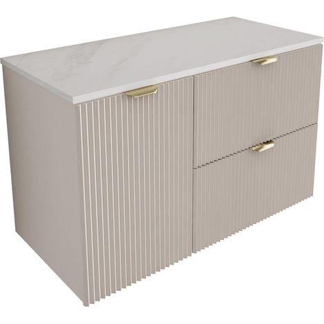 Mobile bagno con frontale scanalato 100 cm (60+40) cesto portabiancheria, cashmere, piano in marmo bianco (MDF), con maniglia oro, 100 x 47 x 60 cm (1/5)