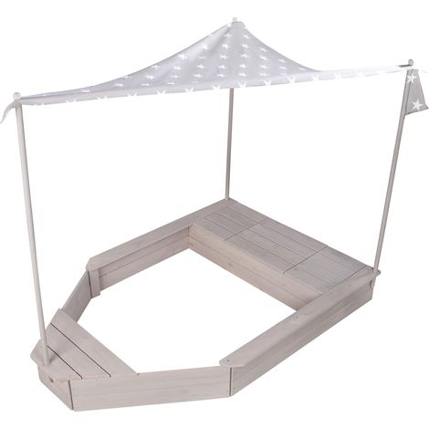 roba Sabbiera per Bambini a Forma di Nave - per Giardino ed Esterno - con Tetto Parasole Apribile - Resistente alle Intemperie - Regalo di Compleanno, Natale, Pasqua - Legno Massiccio - Grigio (1/5)